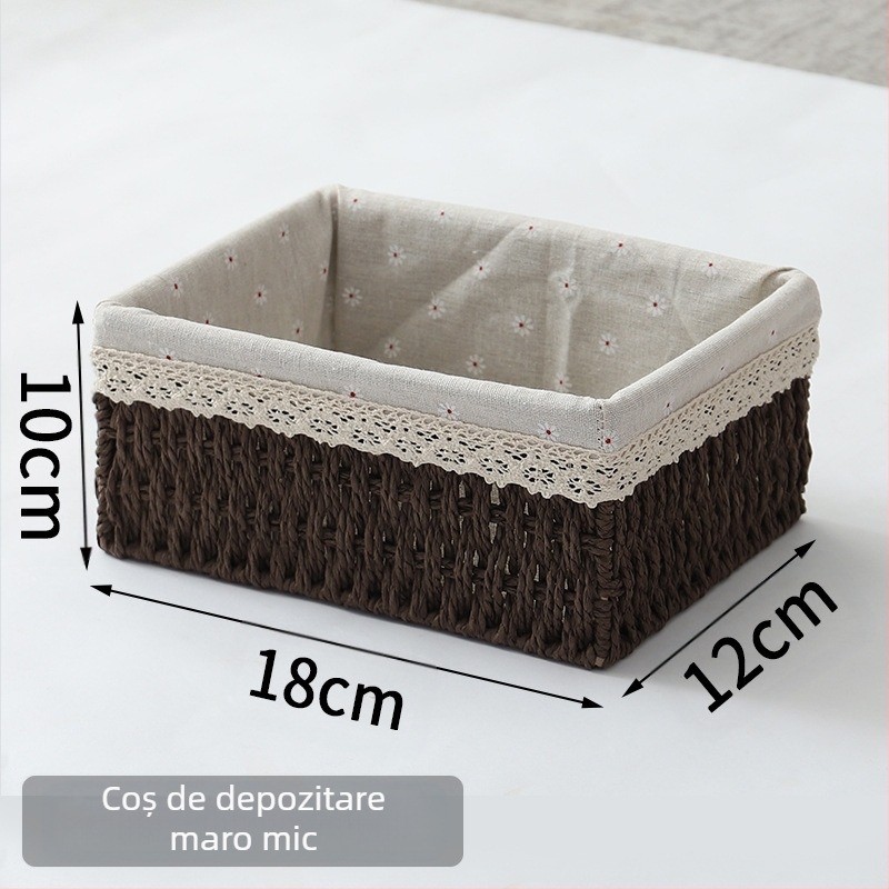 Coș de birou din fibre de hârtie, cadru împletit, organizator pentru chei, telecomenzi, reviste, cabluri și gustări