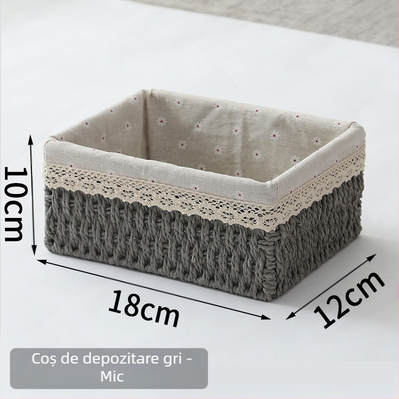 Coș de birou din fibre de hârtie, cadru împletit, organizator pentru chei, telecomenzi, reviste, cabluri și gustări