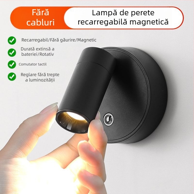 Lampă de perete reîncărcabilă fără cablare, lampă magnetică fără fir, lumină de noapte, lampă de citit pentru dormitor, lampă de atmosferă, lampă de spălare pe perete