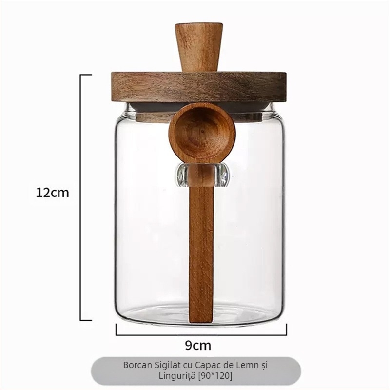 Borcan sigilat din sticlă borosilicată cu lingură, borcan de depozitare pentru cereale și boabe de cafea cu capac, borcan de depozitare din sticlă, borcan de ceai