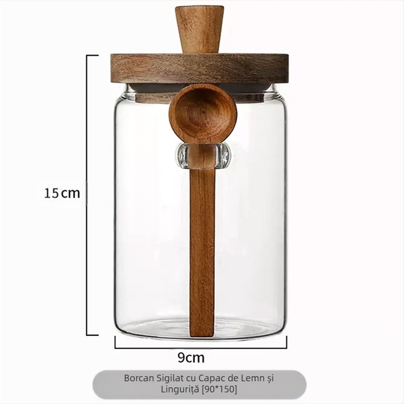 Borcan sigilat din sticlă borosilicată cu lingură, borcan de depozitare pentru cereale și boabe de cafea cu capac, borcan de depozitare din sticlă, borcan de ceai