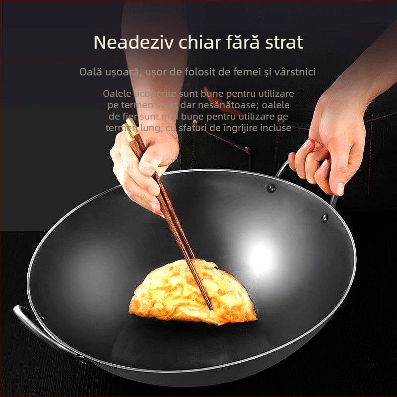 Wok comercial din oțel inoxidabil cu două urechi, cu un singur mâner, pentru bucătar, tigaie mare cu fund rotund, antiaderentă, tigaie de uz casnic, special pentru aragaz cu gaz