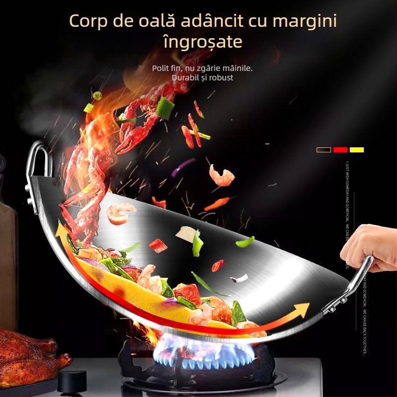 Wok comercial din oțel inoxidabil cu două urechi, cu un singur mâner, pentru bucătar, tigaie mare cu fund rotund, antiaderentă, tigaie de uz casnic, special pentru aragaz cu gaz