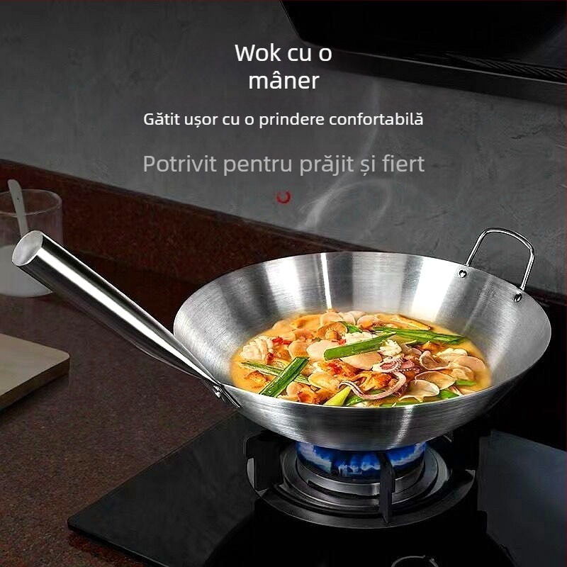 Wok comercial din oțel inoxidabil cu două urechi, cu un singur mâner, pentru bucătar, tigaie mare cu fund rotund, antiaderentă, tigaie de uz casnic, special pentru aragaz cu gaz