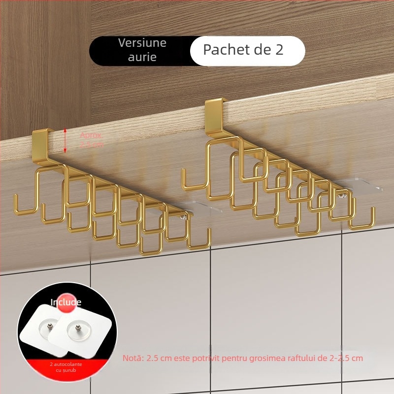 [] Cârlig creativ cu două rânduri, suport pentru pahare, bucătărie, dulap suspendat neperforat, suport pentru spatulă, raft din fier pentru dulap