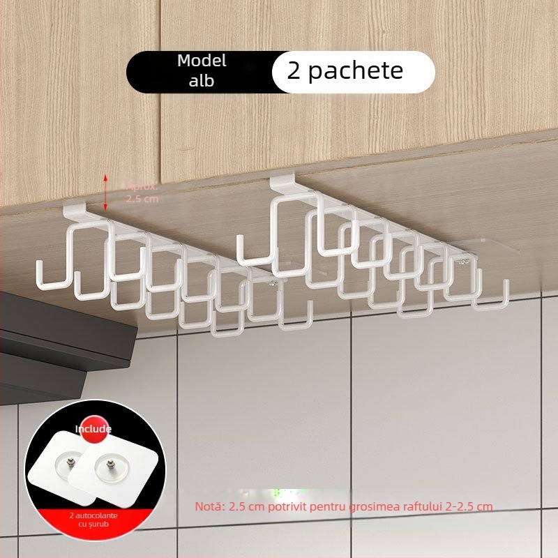 [] Cârlig creativ cu două rânduri, suport pentru pahare, bucătărie, dulap suspendat neperforat, suport pentru spatulă, raft din fier pentru dulap