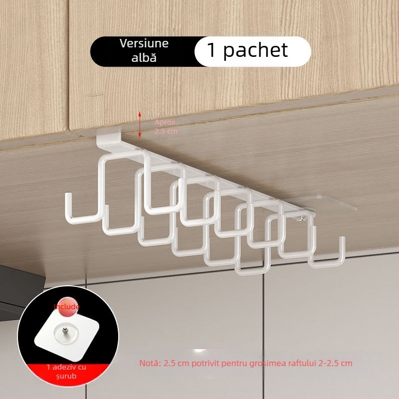 [] Cârlig creativ cu două rânduri, suport pentru pahare, bucătărie, dulap suspendat neperforat, suport pentru spatulă, raft din fier pentru dulap
