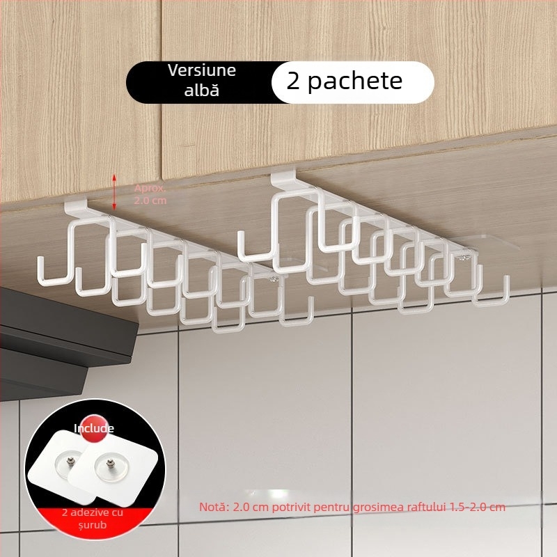 [] Cârlig creativ cu două rânduri, suport pentru pahare, bucătărie, dulap suspendat neperforat, suport pentru spatulă, raft din fier pentru dulap