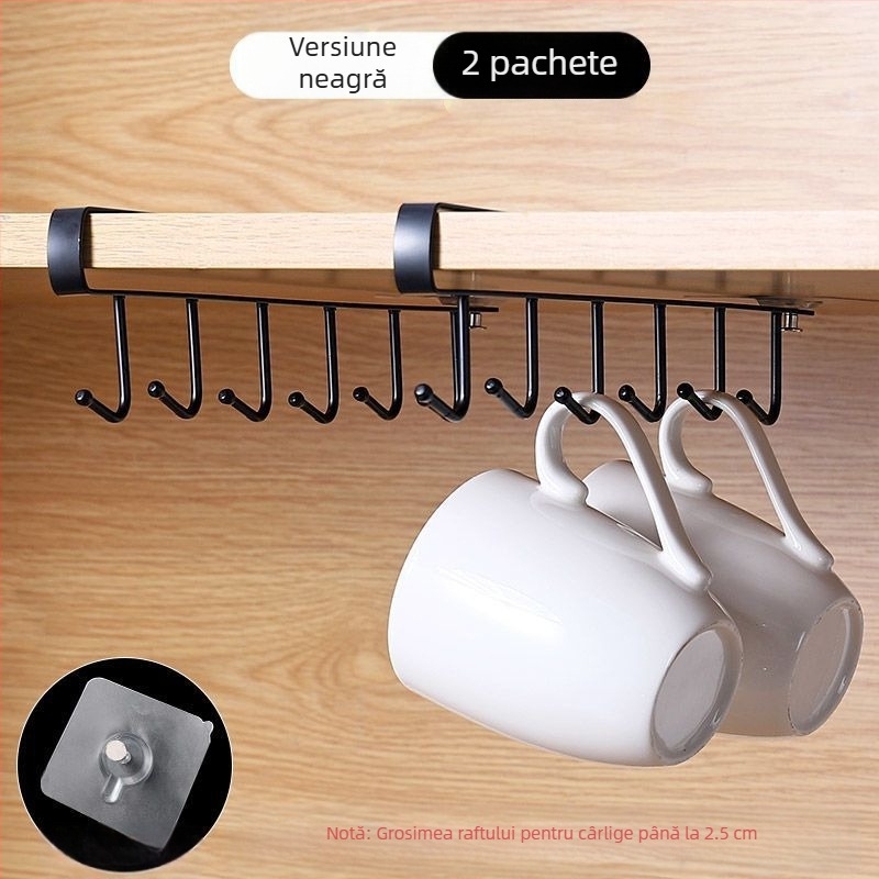 [] Cârlig creativ cu două rânduri, suport pentru pahare, bucătărie, dulap suspendat neperforat, suport pentru spatulă, raft din fier pentru dulap