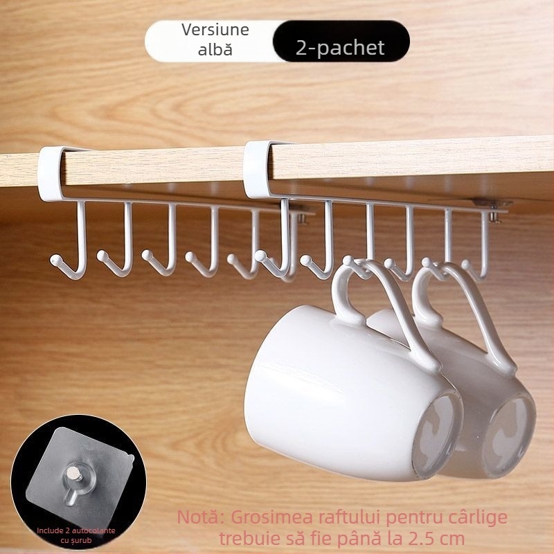 [] Cârlig creativ cu două rânduri, suport pentru pahare, bucătărie, dulap suspendat neperforat, suport pentru spatulă, raft din fier pentru dulap