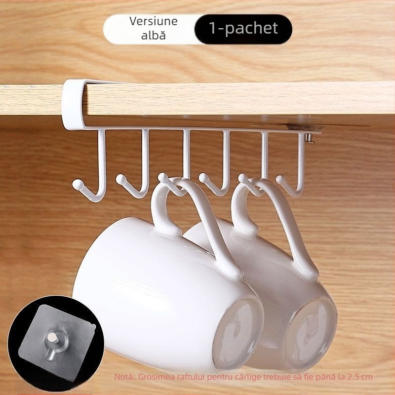 [] Cârlig creativ cu două rânduri, suport pentru pahare, bucătărie, dulap suspendat neperforat, suport pentru spatulă, raft din fier pentru dulap
