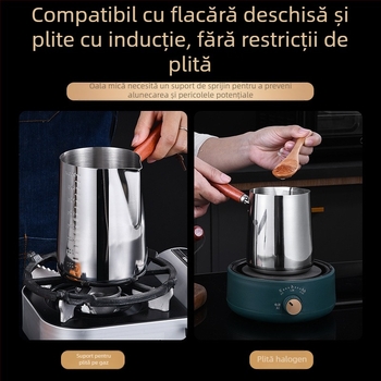 Oală mică de lapte la scară 304 cu mâner din lemn, oală mică, grad alimentar, oală de ulei de mare capacitate, adâncire, oală specială de scurgere a uleiului pentru lapte