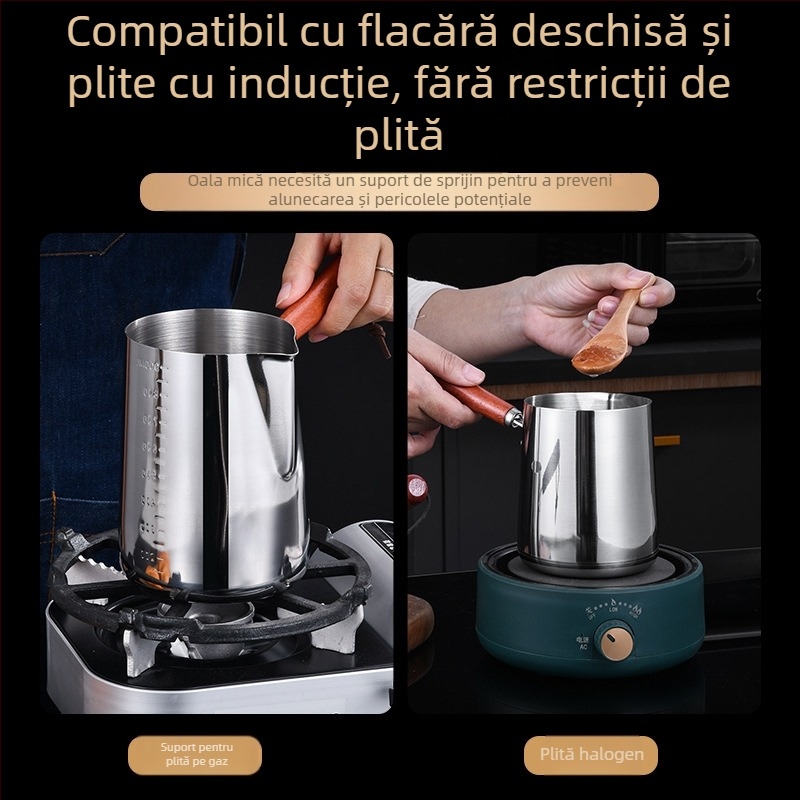 Oală mică de lapte la scară 304 cu mâner din lemn, oală mică, grad alimentar, oală de ulei de mare capacitate, adâncire, oală specială de scurgere a uleiului pentru lapte