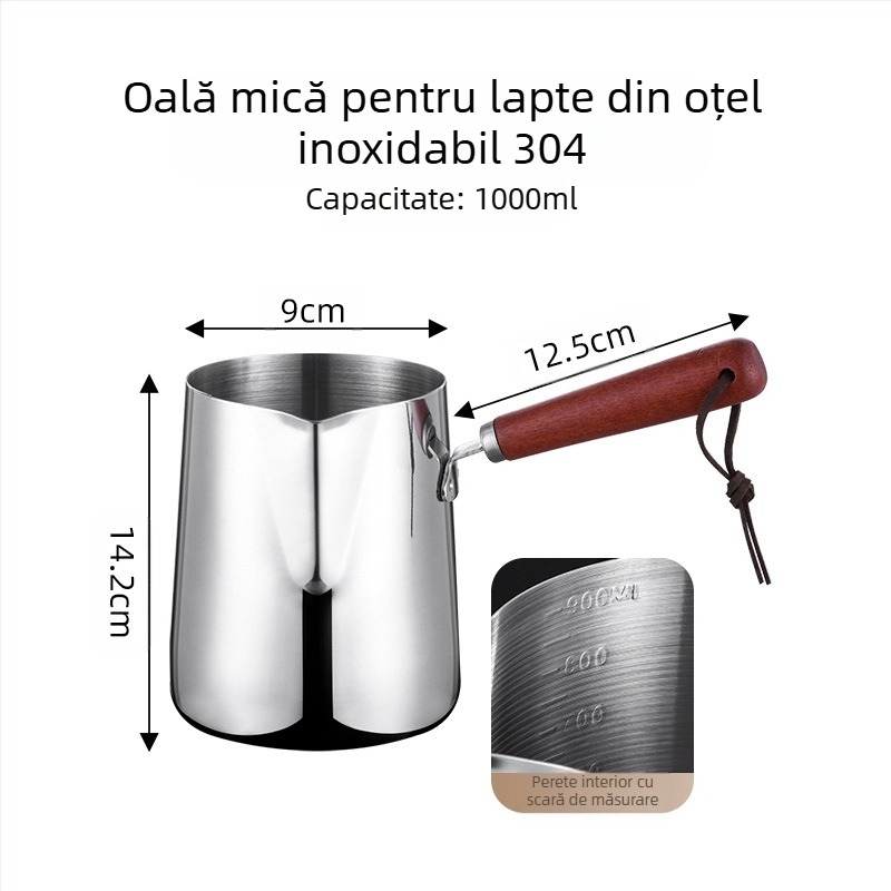 Oală mică de lapte la scară 304 cu mâner din lemn, oală mică, grad alimentar, oală de ulei de mare capacitate, adâncire, oală specială de scurgere a uleiului pentru lapte