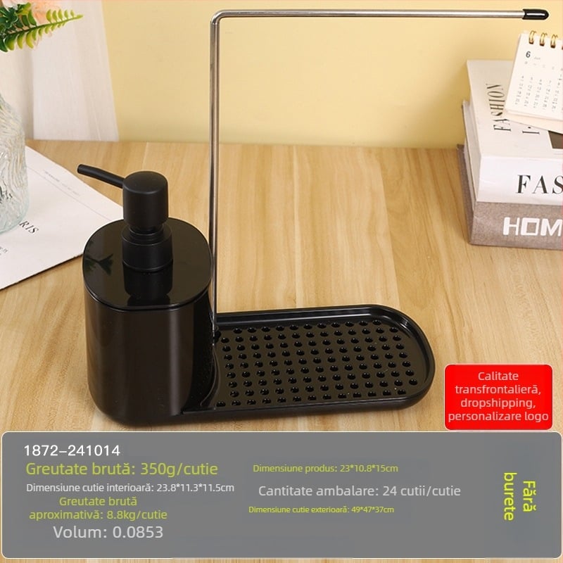 Blat de bucătărie cu presare manuală, cutie de săpun din oțel inoxidabil, suport pentru cârpe, dozator de detergent, suport de finisare pentru birou