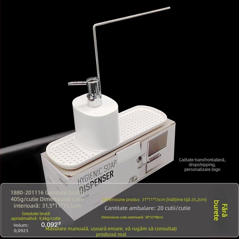Blat de bucătărie cu presare manuală, cutie de săpun din oțel inoxidabil, suport pentru cârpe, dozator de detergent, suport de finisare pentru birou