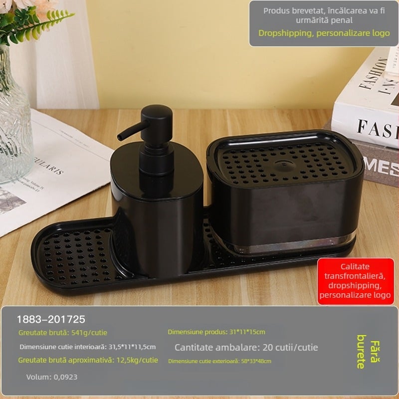 Blat de bucătărie cu presare manuală, cutie de săpun din oțel inoxidabil, suport pentru cârpe, dozator de detergent, suport de finisare pentru birou