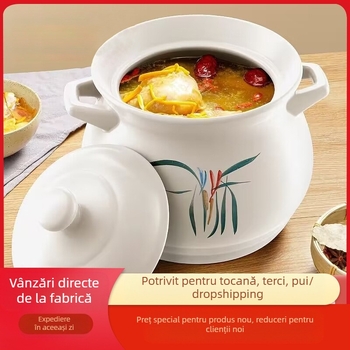 Oală mare din porțelan alb, rezistentă la temperaturi ridicate, potrivită pentru aragaz, ideală pentru înăbușirea puiului și a cărnii, fierberea terciului și oală pentru supă de mare capacitate, special concepută pentru ardere uscată