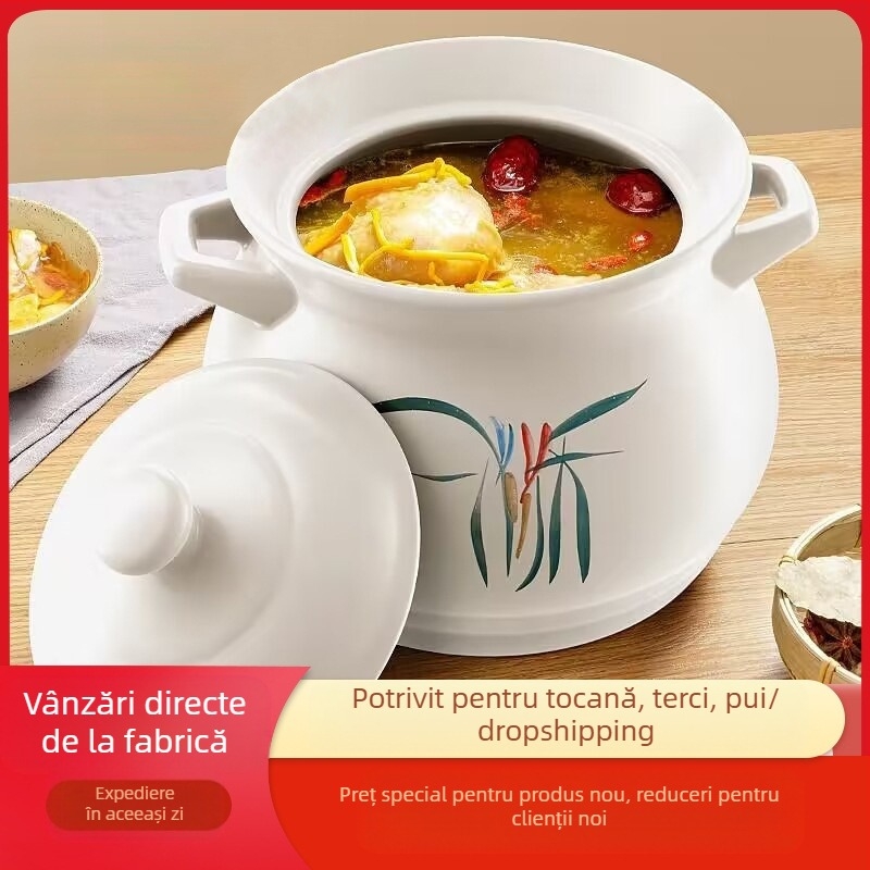 Oală mare din porțelan alb, rezistentă la temperaturi ridicate, potrivită pentru aragaz, ideală pentru înăbușirea puiului și a cărnii, fierberea terciului și oală pentru supă de mare capacitate, special concepută pentru ardere uscată