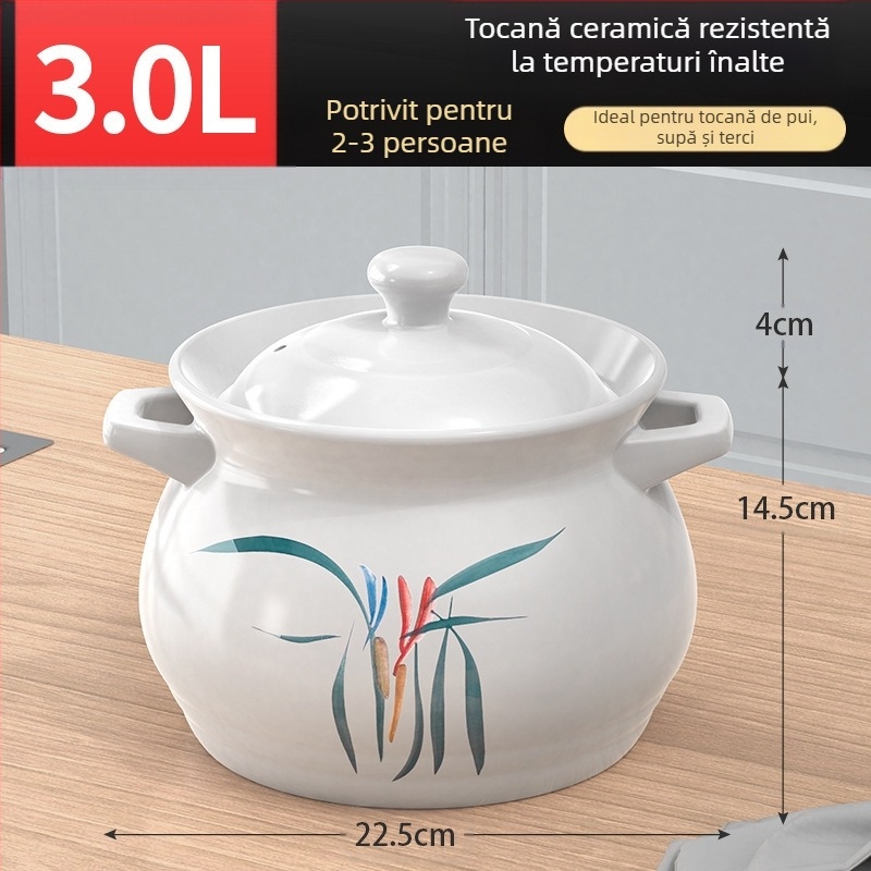 Oală mare din porțelan alb, rezistentă la temperaturi ridicate, potrivită pentru aragaz, ideală pentru înăbușirea puiului și a cărnii, fierberea terciului și oală pentru supă de mare capacitate, special concepută pentru ardere uscată