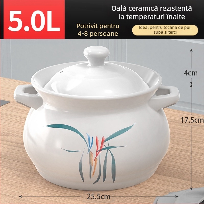 Oală mare din porțelan alb, rezistentă la temperaturi ridicate, potrivită pentru aragaz, ideală pentru înăbușirea puiului și a cărnii, fierberea terciului și oală pentru supă de mare capacitate, special concepută pentru ardere uscată