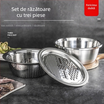 Furnizare directă din fabrică, set de trei piese pentru răzătoare multifuncțională din oțel inoxidabil, sită de orez Amoy, bazin de spălat pentru bucătărie