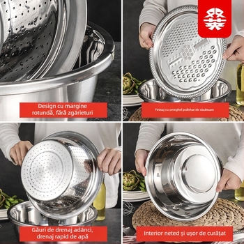 Furnizare directă din fabrică, set de trei piese pentru răzătoare multifuncțională din oțel inoxidabil, sită de orez Amoy, bazin de spălat pentru bucătărie