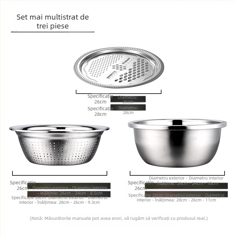 Furnizare directă din fabrică, set de trei piese pentru răzătoare multifuncțională din oțel inoxidabil, sită de orez Amoy, bazin de spălat pentru bucătărie