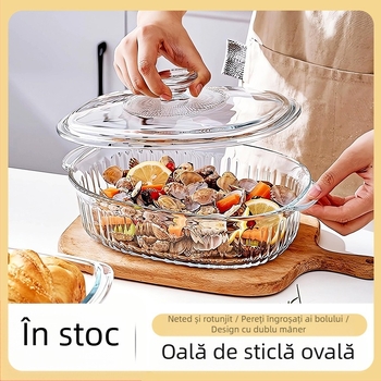 Sticlă borosilicată înaltă, ovală, transparentă, model vertical, ambalaj din bumbac perlat, cu capac, oală de cristal, consumabile de bucătărie pentru uz casnic, oală de supă
