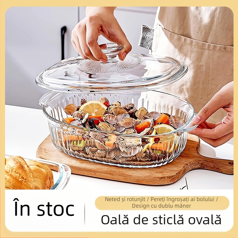 Sticlă borosilicată înaltă, ovală, transparentă, model vertical, ambalaj din bumbac perlat, cu capac, oală de cristal, consumabile de bucătărie pentru uz casnic, oală de supă