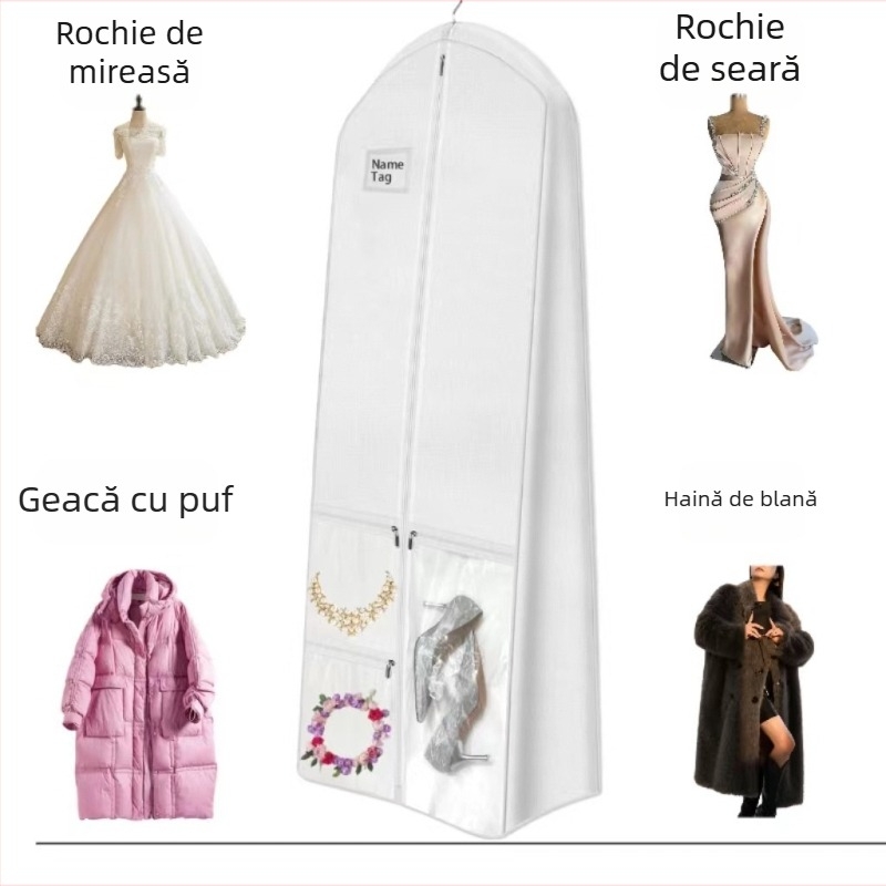 Geantă de depozitare pentru costum de mireasă transfrontalieră, rezistentă la praf și umiditate, material nețesut, cu geantă de depozitare pentru geantă de mână, husă de praf pentru fustă