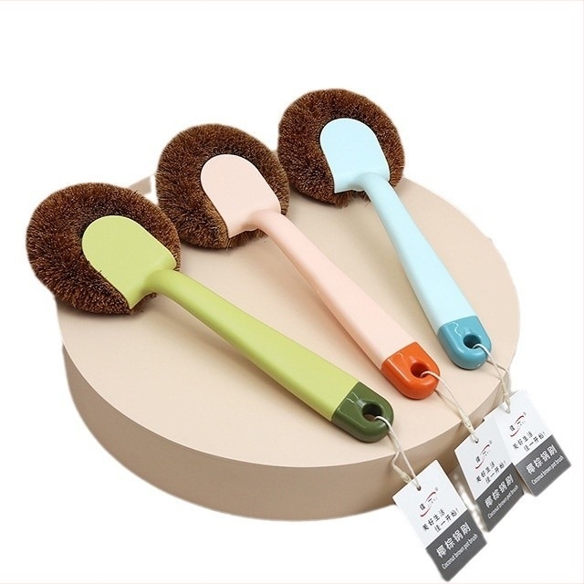 Jiayi 1816 Perie de oală maro cocos, Linyi General Store, culoare macaron, perie de curățare a oalelor din plastic cu mâner lung
