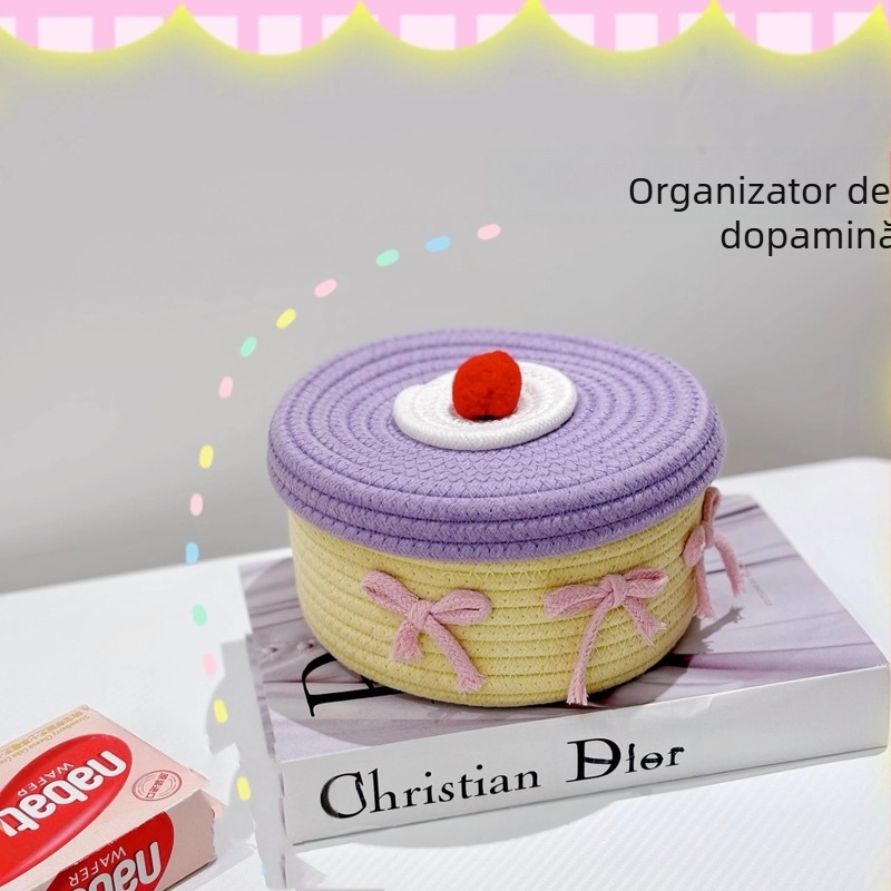 Coș de depozitare pentru birou, țesut manual, din bumbac, cu frânghie, cu capac, pentru diverse articole, coș de depozitare, dormitor, coș pentru copii