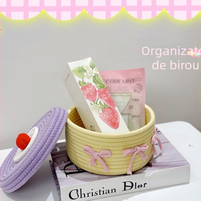 Coș de depozitare pentru birou, țesut manual, din bumbac, cu frânghie, cu capac, pentru diverse articole, coș de depozitare, dormitor, coș pentru copii