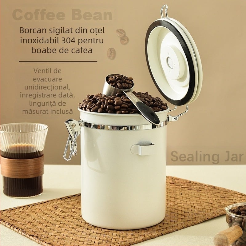 304 cutii sigilate cu boabe de cafea, cutii pentru depozitarea cafelei pudră cu dată de înregistrare, cutii pentru păstrarea prospețimii cu nuci de orez și lingură