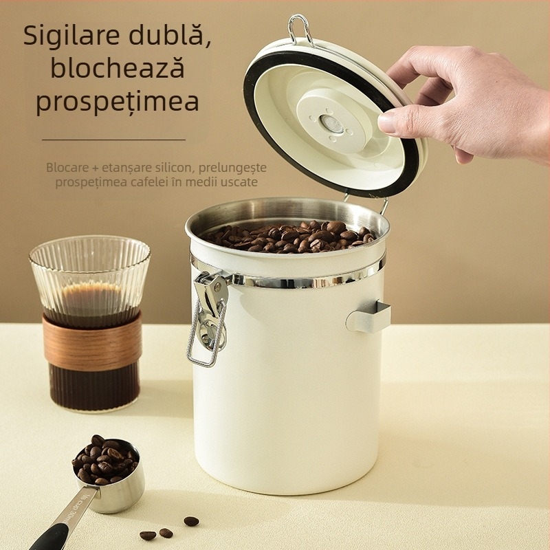 304 cutii sigilate cu boabe de cafea, cutii pentru depozitarea cafelei pudră cu dată de înregistrare, cutii pentru păstrarea prospețimii cu nuci de orez și lingură