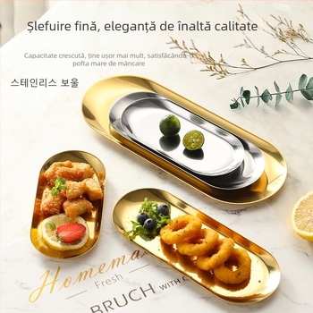 Tavă ovală din oțel inoxidabil îngroșat auriu pentru restaurant occidental, farfurie pentru cină, desert cu fructe, gustare, farfurie pentru grătar