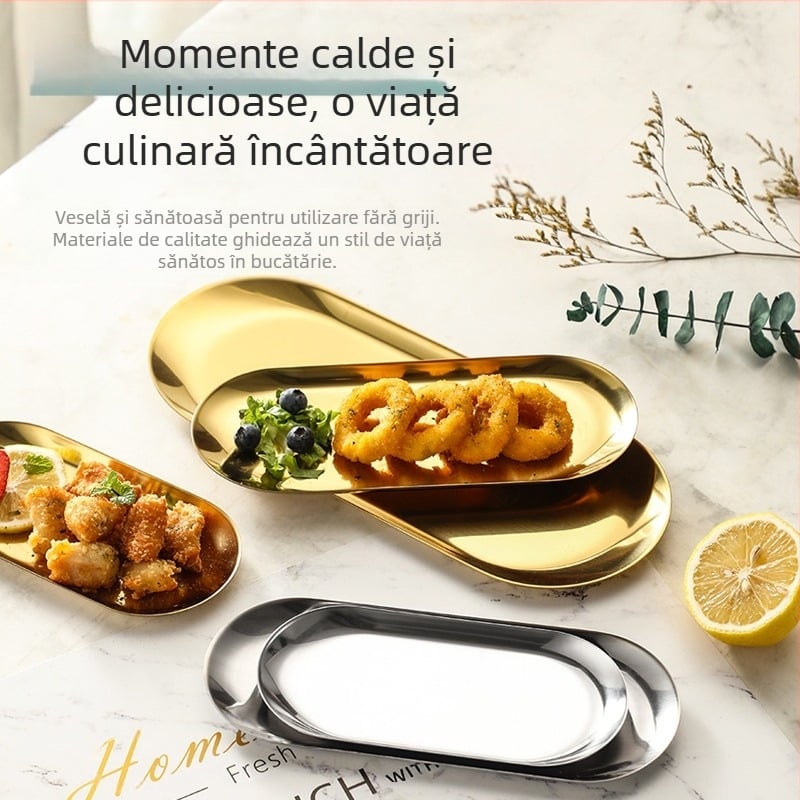 Tavă ovală din oțel inoxidabil îngroșat auriu pentru restaurant occidental, farfurie pentru cină, desert cu fructe, gustare, farfurie pentru grătar