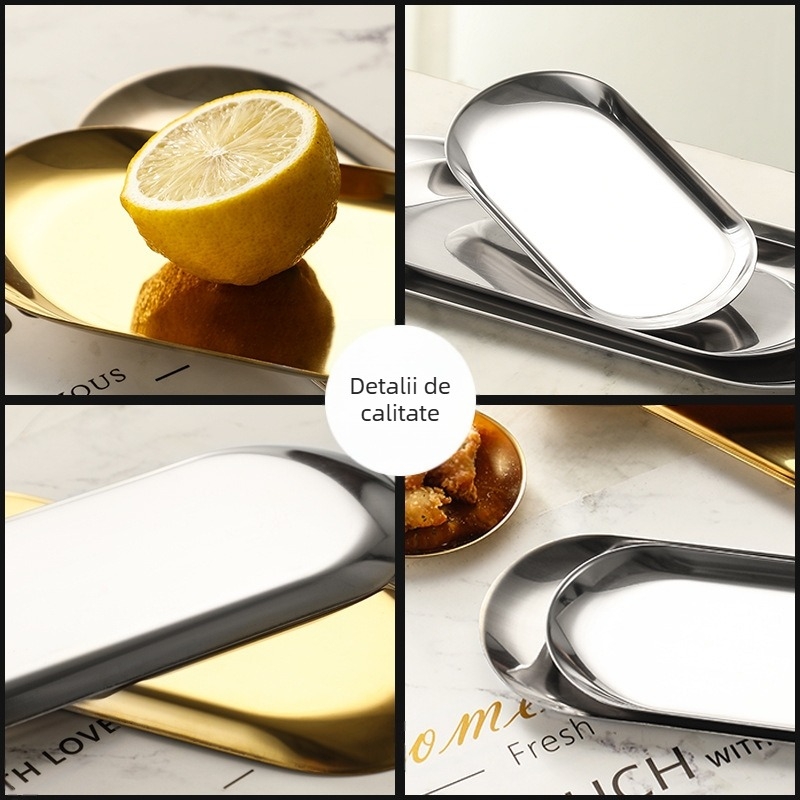 Tavă ovală din oțel inoxidabil îngroșat auriu pentru restaurant occidental, farfurie pentru cină, desert cu fructe, gustare, farfurie pentru grătar