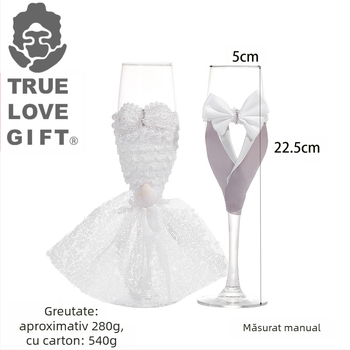 Set de șampanie romantică pentru nuntă, pahar de vin predat, pahar pentru mire și mireasă