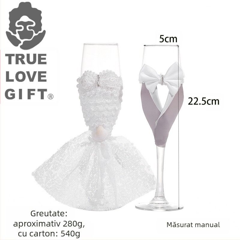 Set de șampanie romantică pentru nuntă, pahar de vin predat, pahar pentru mire și mireasă