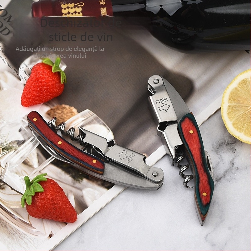 Deschizător de sticle de vin multifuncțional pentru uz casnic, mâner din lemn, deschizător de sticle de bere, deschizător de vin din oțel inoxidabil, en-gros