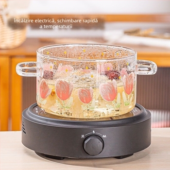 Oală din sticlă în formă de lalea cu conținut ridicat de borosilicat, bol transparent pentru tăiței cu aragaz electric ceramic, aragaz cu inducție, rezistent la temperaturi ridicate, cu capac și mânere duble