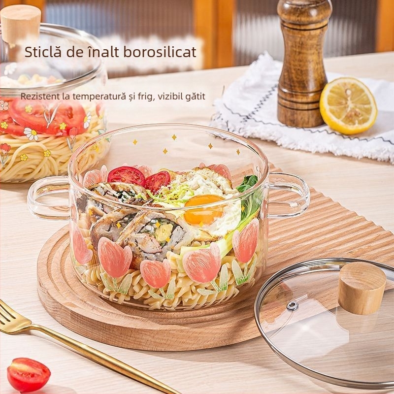 Oală din sticlă în formă de lalea cu conținut ridicat de borosilicat, bol transparent pentru tăiței cu aragaz electric ceramic, aragaz cu inducție, rezistent la temperaturi ridicate, cu capac și mânere duble