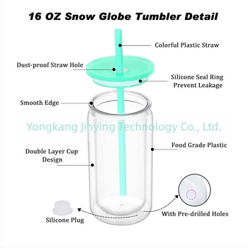 Cupă de plastic dublu stratificată, cu fund de bulgăre de zăpadă, de 473 ml, cu dop de silicon orificial, capac colorat, cu paie colorate, cutie de plastic mason