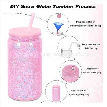 Cupă de plastic dublu stratificată, cu fund de bulgăre de zăpadă, de 473 ml, cu dop de silicon orificial, capac colorat, cu paie colorate, cutie de plastic mason