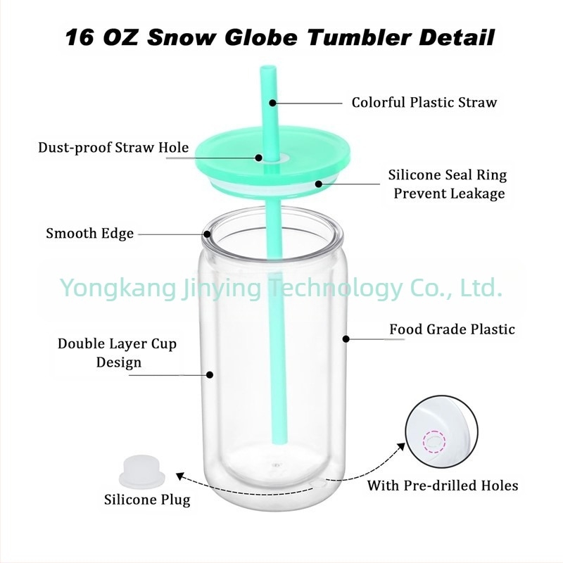Cupă de plastic dublu stratificată, cu fund de bulgăre de zăpadă, de 473 ml, cu dop de silicon orificial, capac colorat, cu paie colorate, cutie de plastic mason