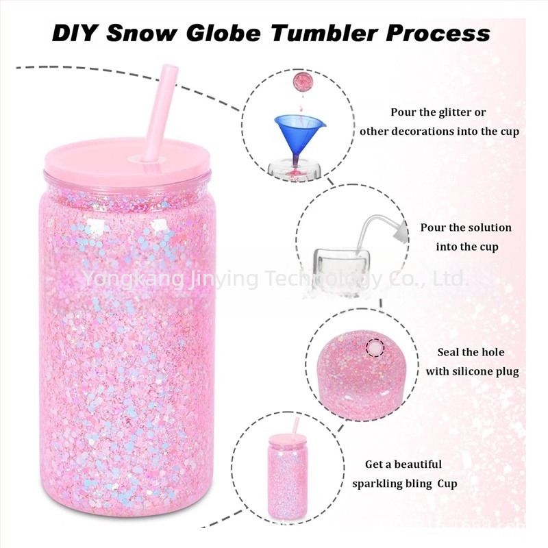 Cupă de plastic dublu stratificată, cu fund de bulgăre de zăpadă, de 473 ml, cu dop de silicon orificial, capac colorat, cu paie colorate, cutie de plastic mason