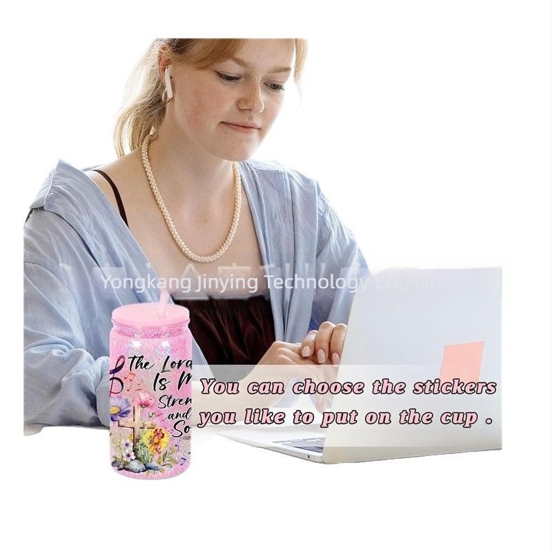 Cupă de plastic dublu stratificată, cu fund de bulgăre de zăpadă, de 473 ml, cu dop de silicon orificial, capac colorat, cu paie colorate, cutie de plastic mason