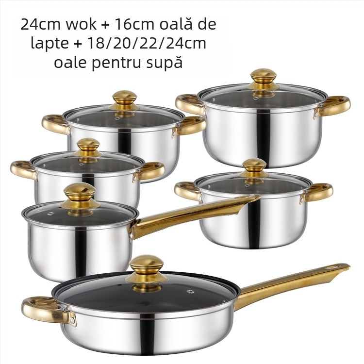 Set de douăsprezece piese cu fund dublu îngroșat transfrontalier, oală din oțel inoxidabil cu un singur mâner, oală pentru lapte cu două urechi, oală pentru supă, set de șase piese, oală cadou